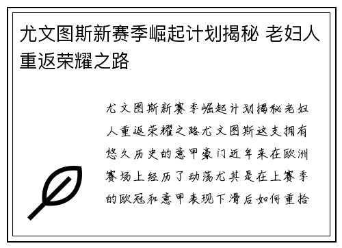 尤文图斯新赛季崛起计划揭秘 老妇人重返荣耀之路