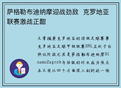 萨格勒布迪纳摩迎战劲敌  克罗地亚联赛激战正酣